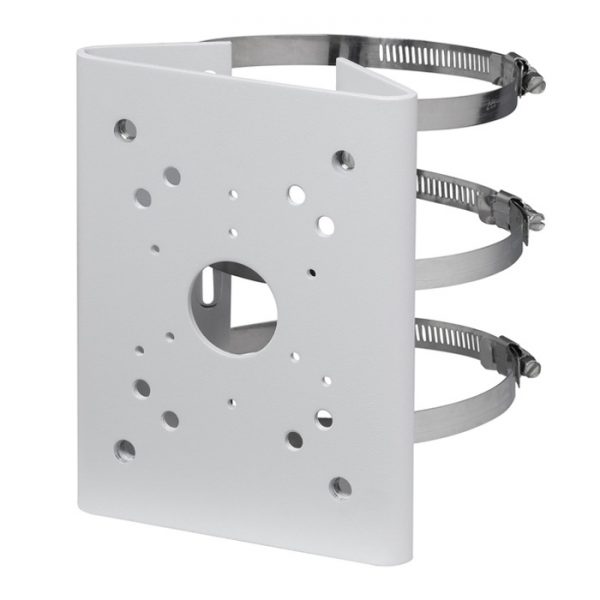 Heavy duty coated SECC pole mount bracket for large surveillance cameras with three clamps. Adjustable from Ø80~150mm.